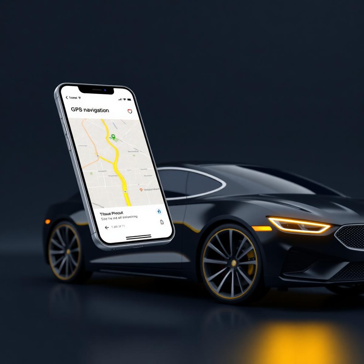Aplicativo de mobilidade urbana exibindo mapa de GPS ao lado de um carro moderno